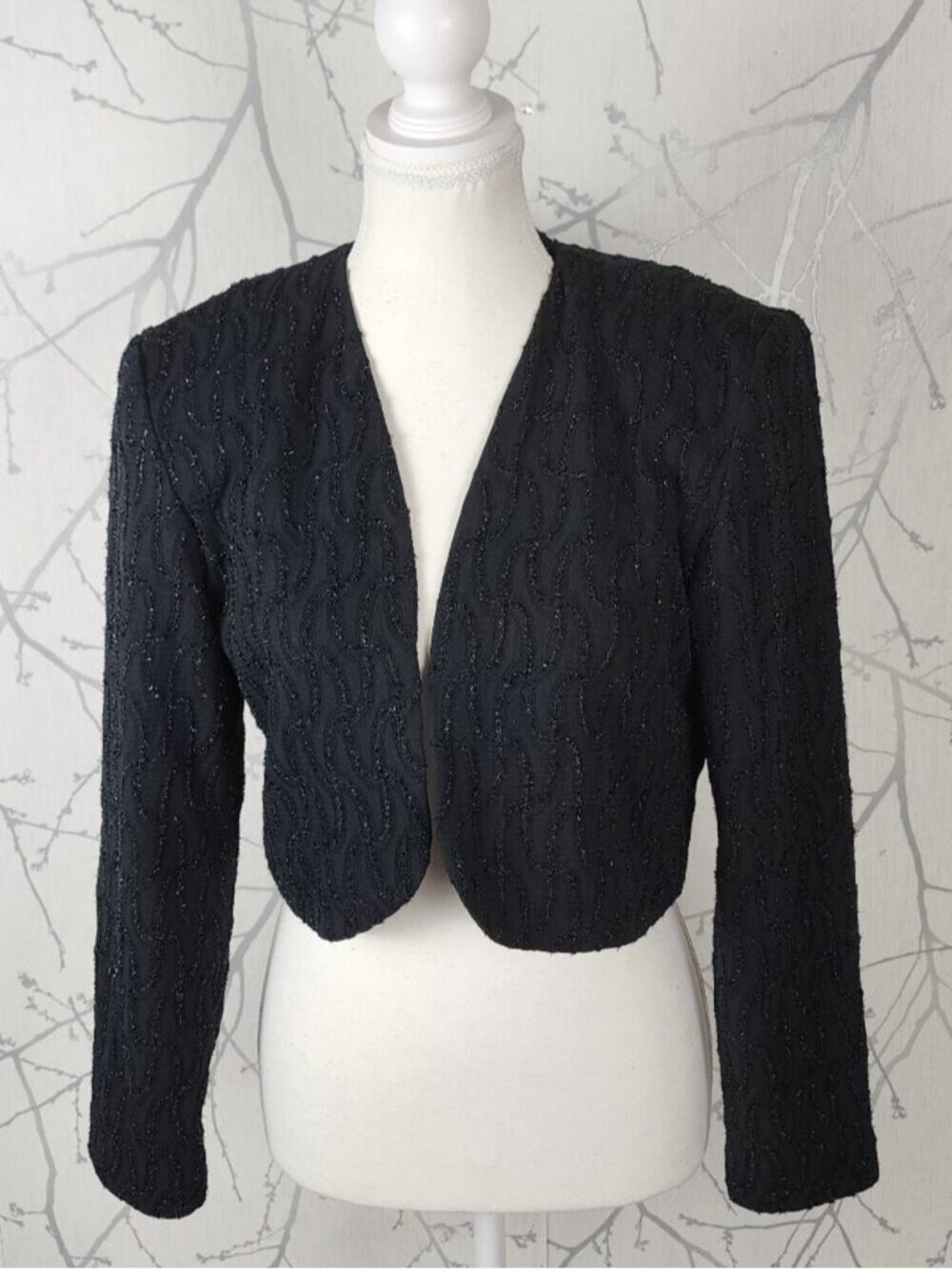 Tosca Black Metallic Textured Open Front Cropped Bolero Jacket